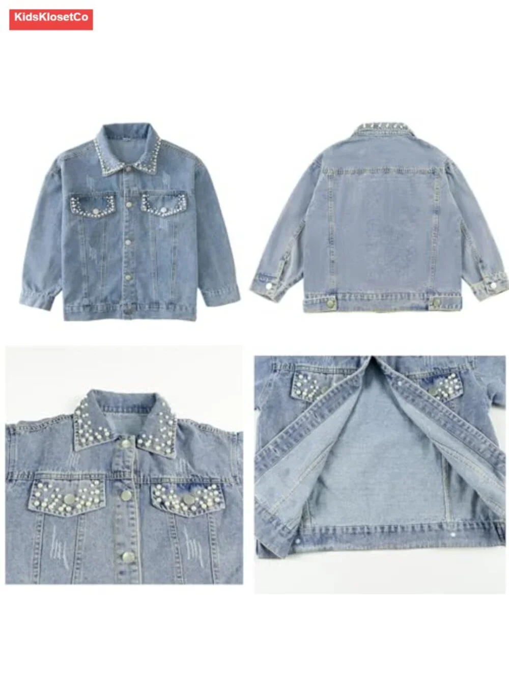 Girls Denim Jacket Oversized Trucker Button Down Pearl Design 5-14Y